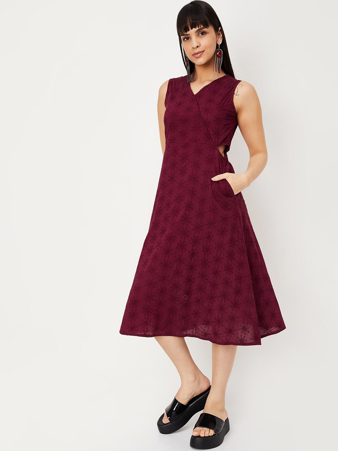 

max Floral Embroidered Cut-Out Pure Cotton Fit & Flared Midi Dress, Burgundy