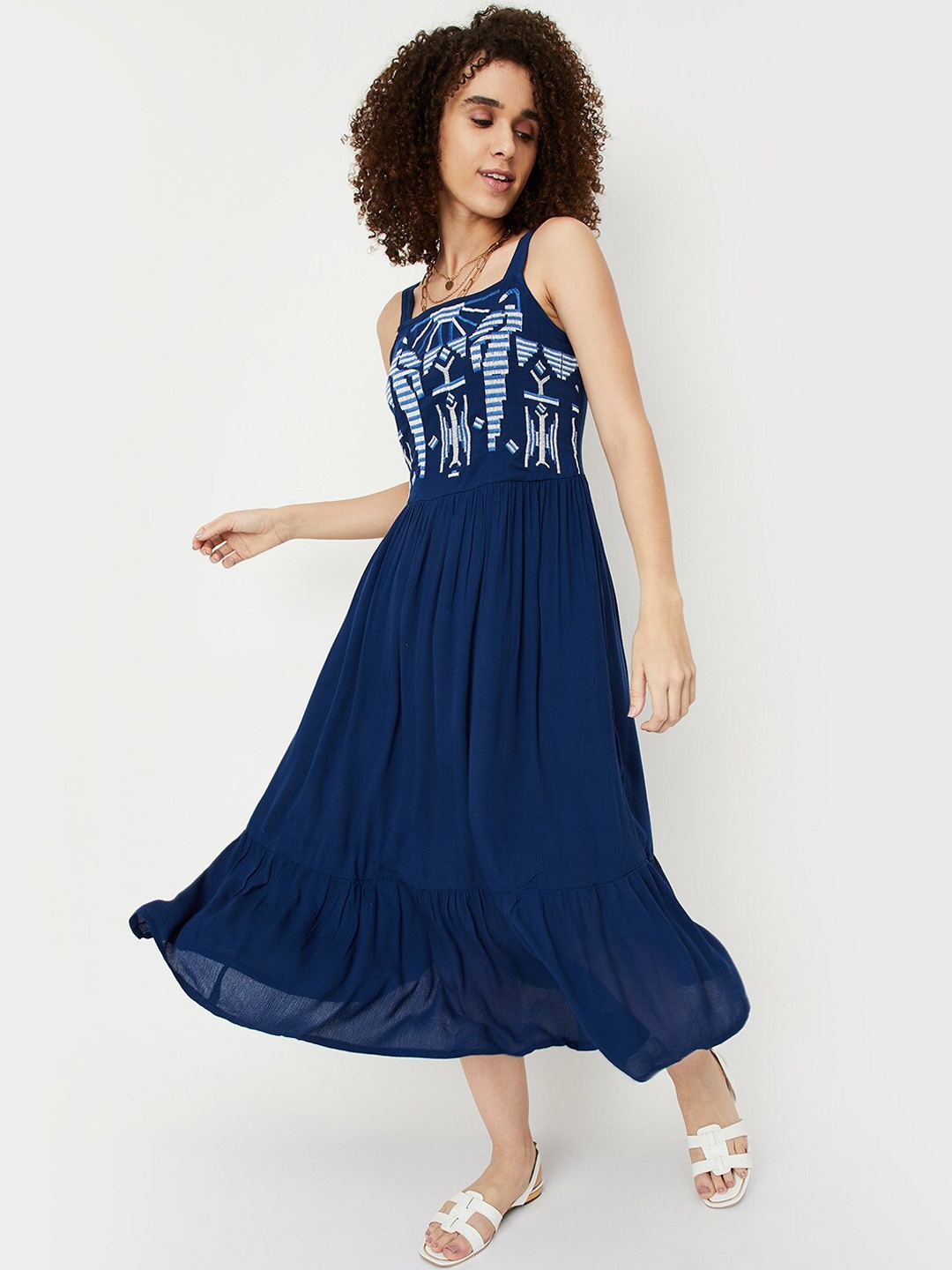 

max Self Designed Fit & Flare Midi Ethnic Dress, Navy blue