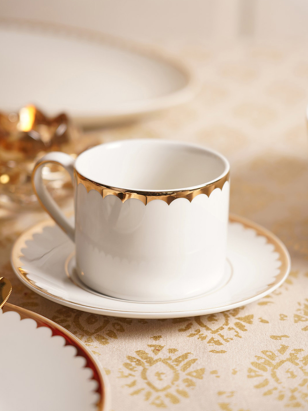 

Pure Home and Living 2 Pcs White & Gold-Toned Ceramic Matte Cups and Saucers - 300 ML Each