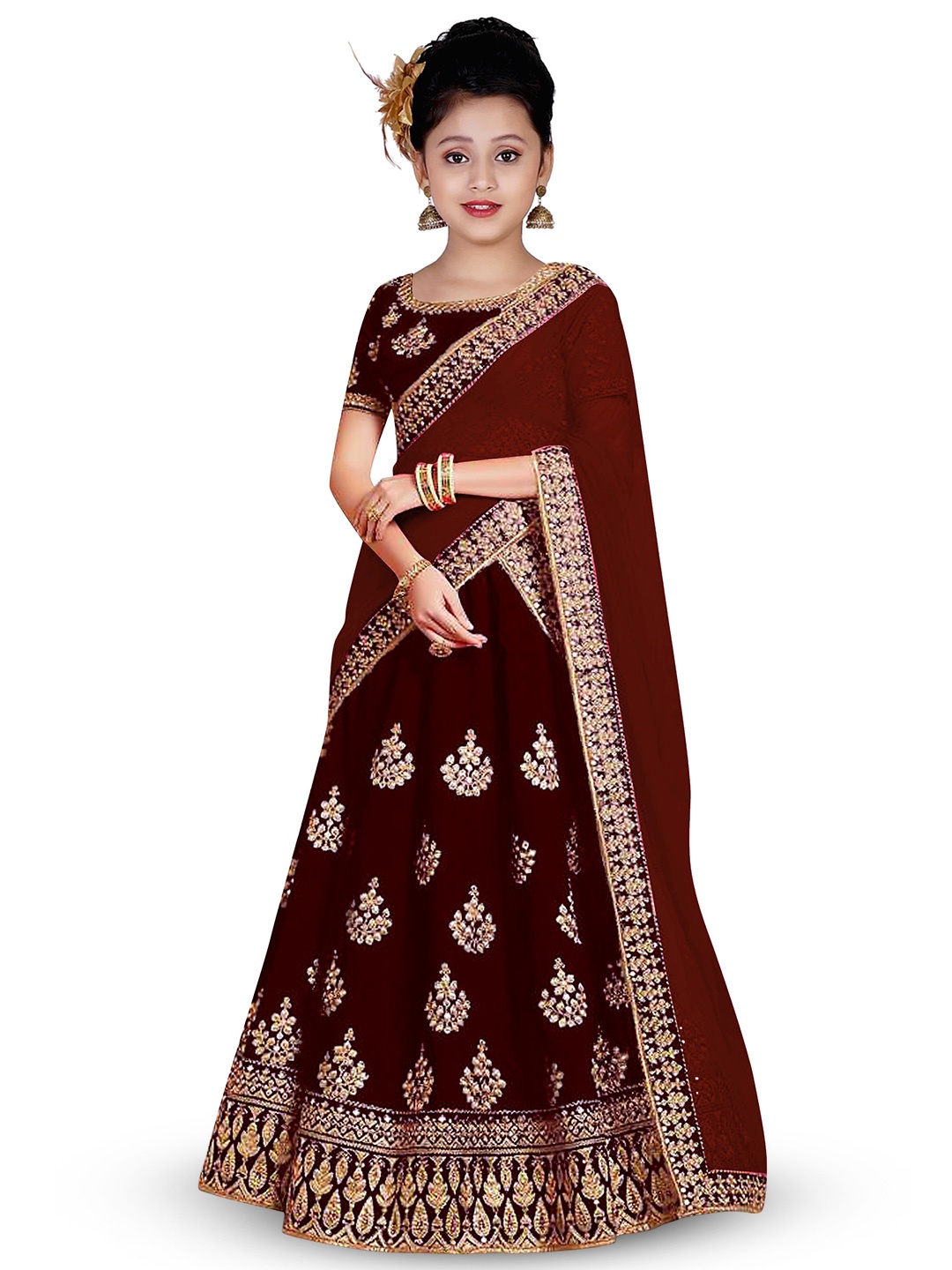 

BAESD Girls Ethnic Motifs Embroidered Semi-Stitched Lehenga & Unstitched Blouse & Dupatta, Maroon