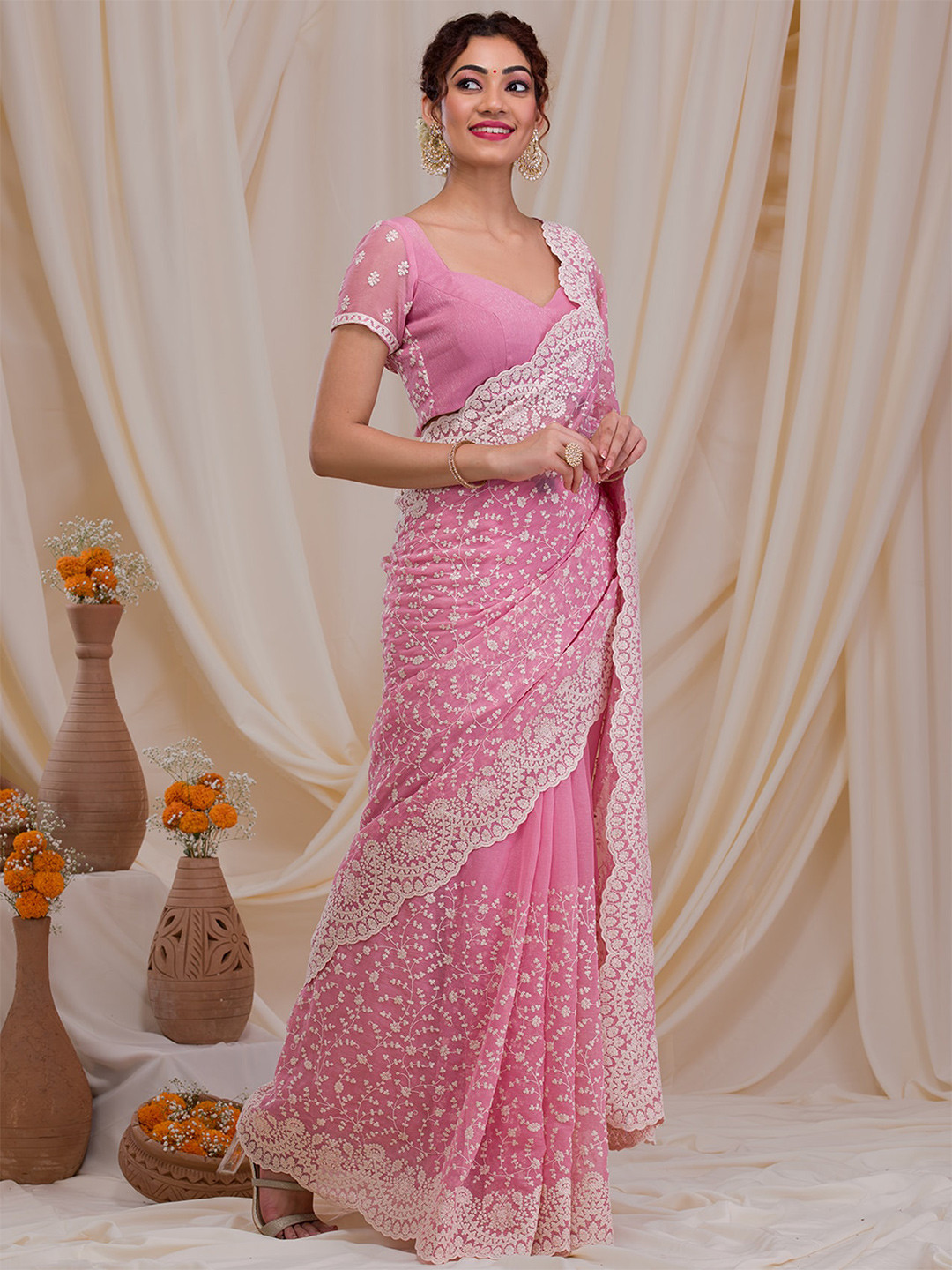 

Koskii Floral Embroidered Chiffon Saree, Pink