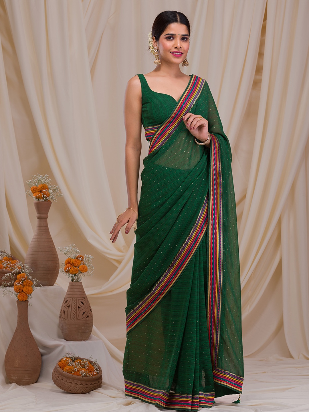 

Koskii Embellished Beads and Stones Georgette Saree, Green
