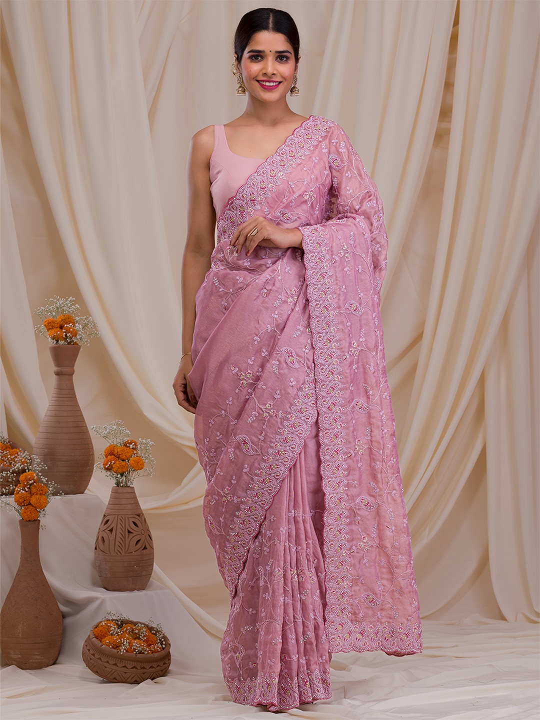 

Koskii Lavender Floral Embroidered Supernet Saree