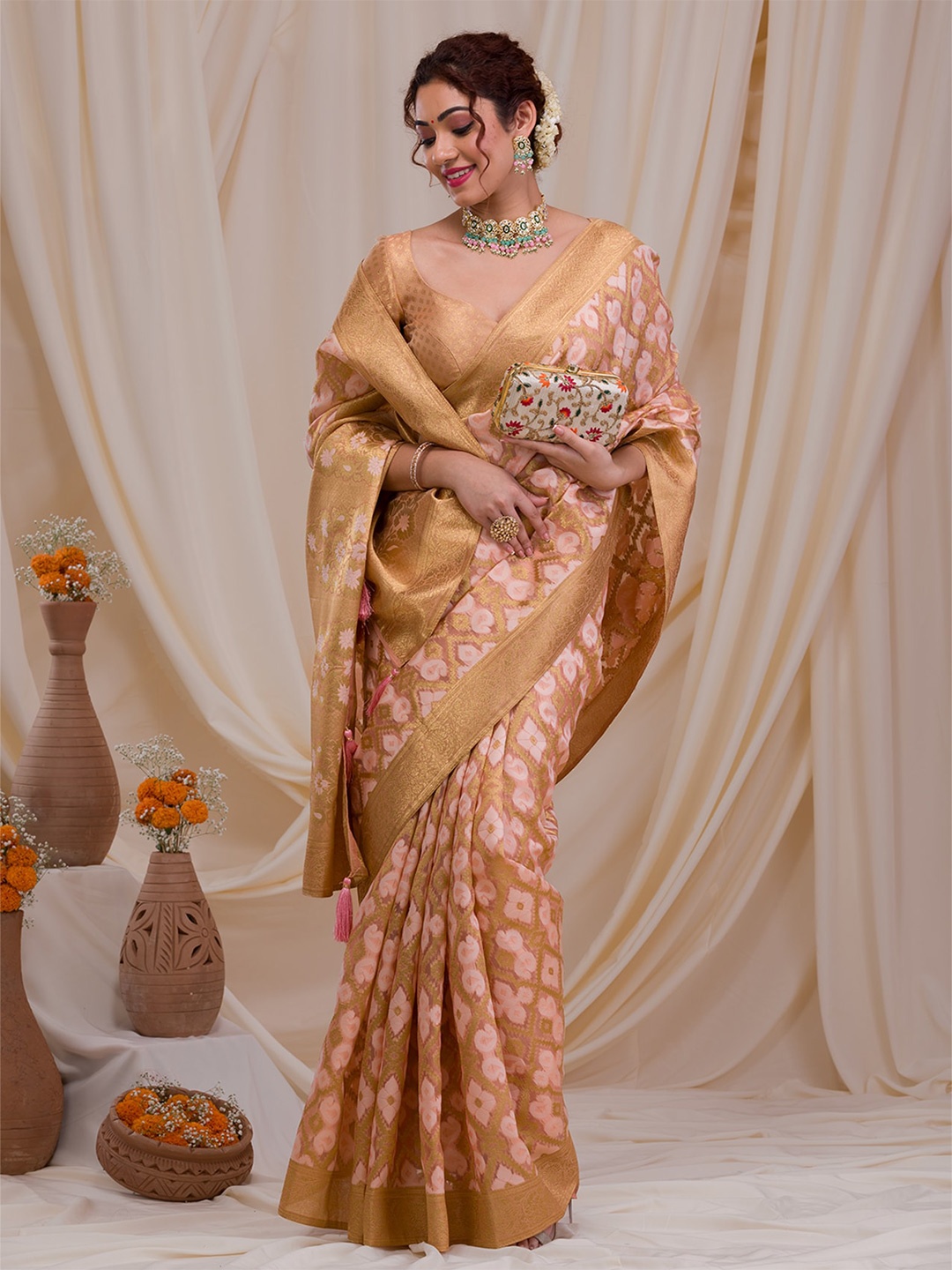 

Koskii Ethnic Motifs Woven Design Zari Art Silk Saree, Peach