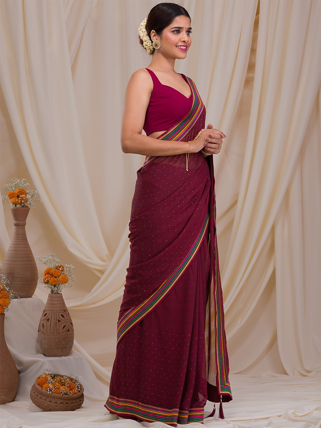 

Koskii Beads and Stones Embellished Georgette Saree, Brown