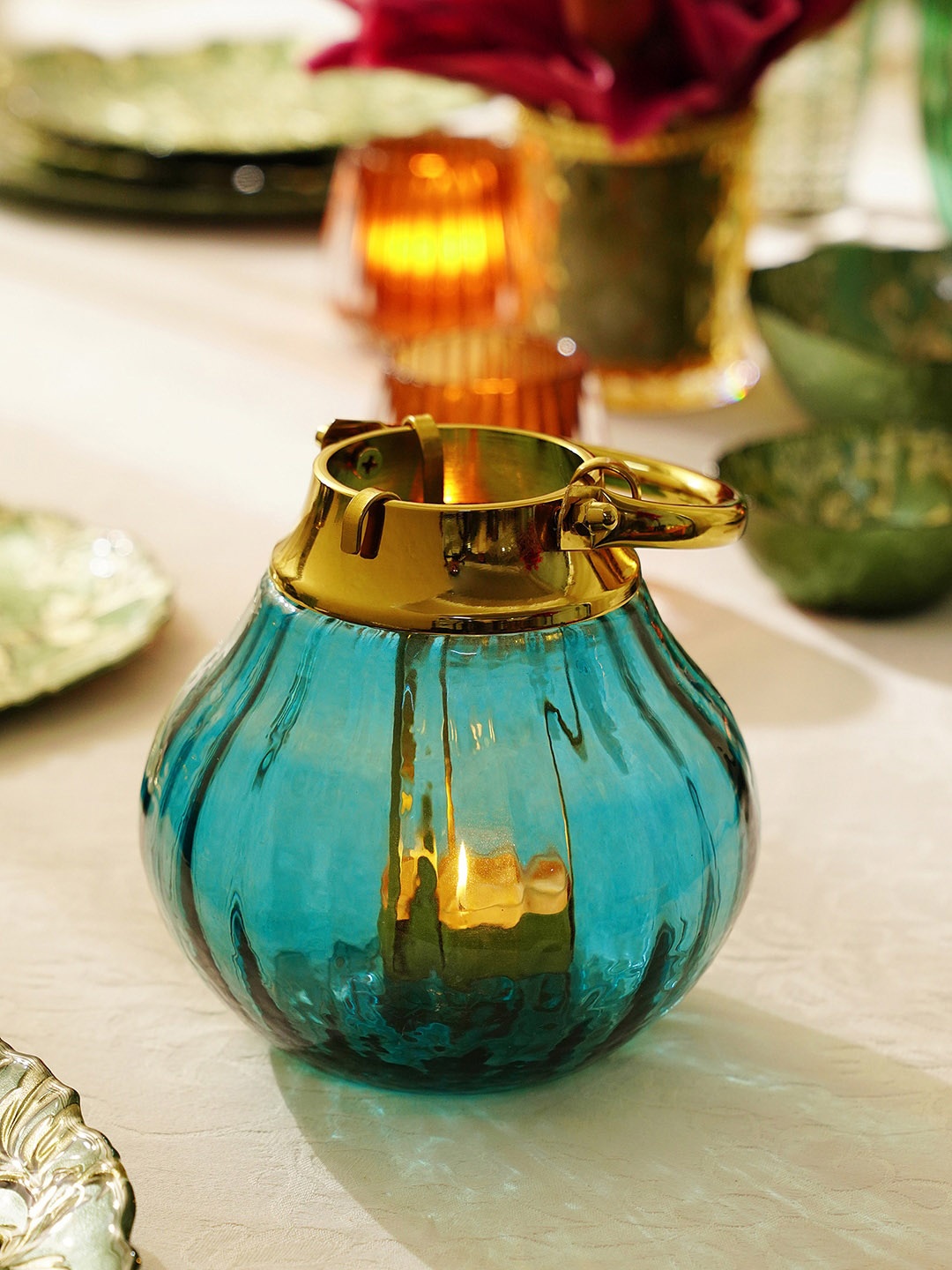 

Pure Home and Living Blue & Gold-Toned Textured Glass Tea Light Holder