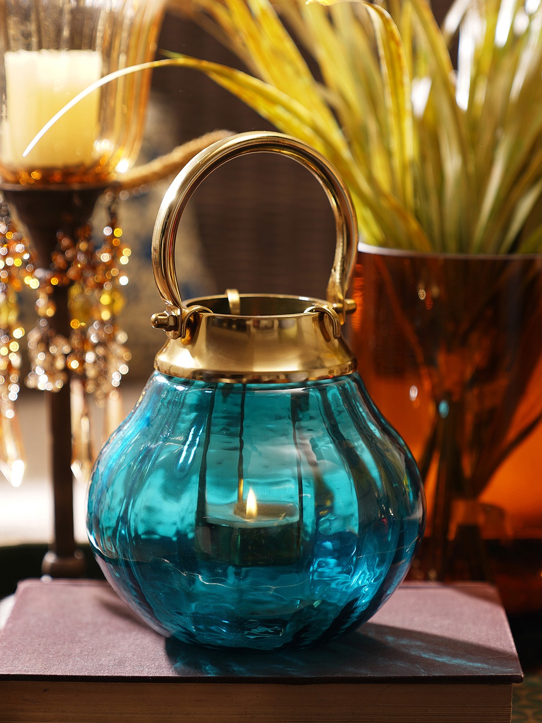 

Pure Home and Living Blue & Gold-Toned Textured Glass Tea Light Holder