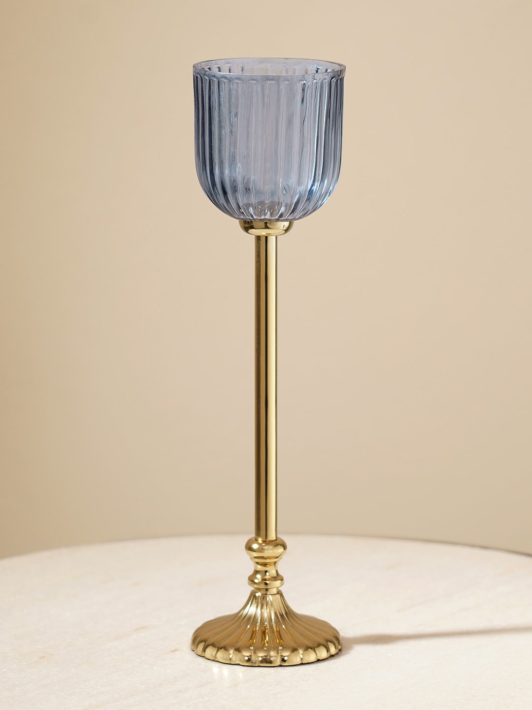 

Pure Home and Living Blue & Gold-Toned Ribbed Clear Glass Tall Hurricane Holder