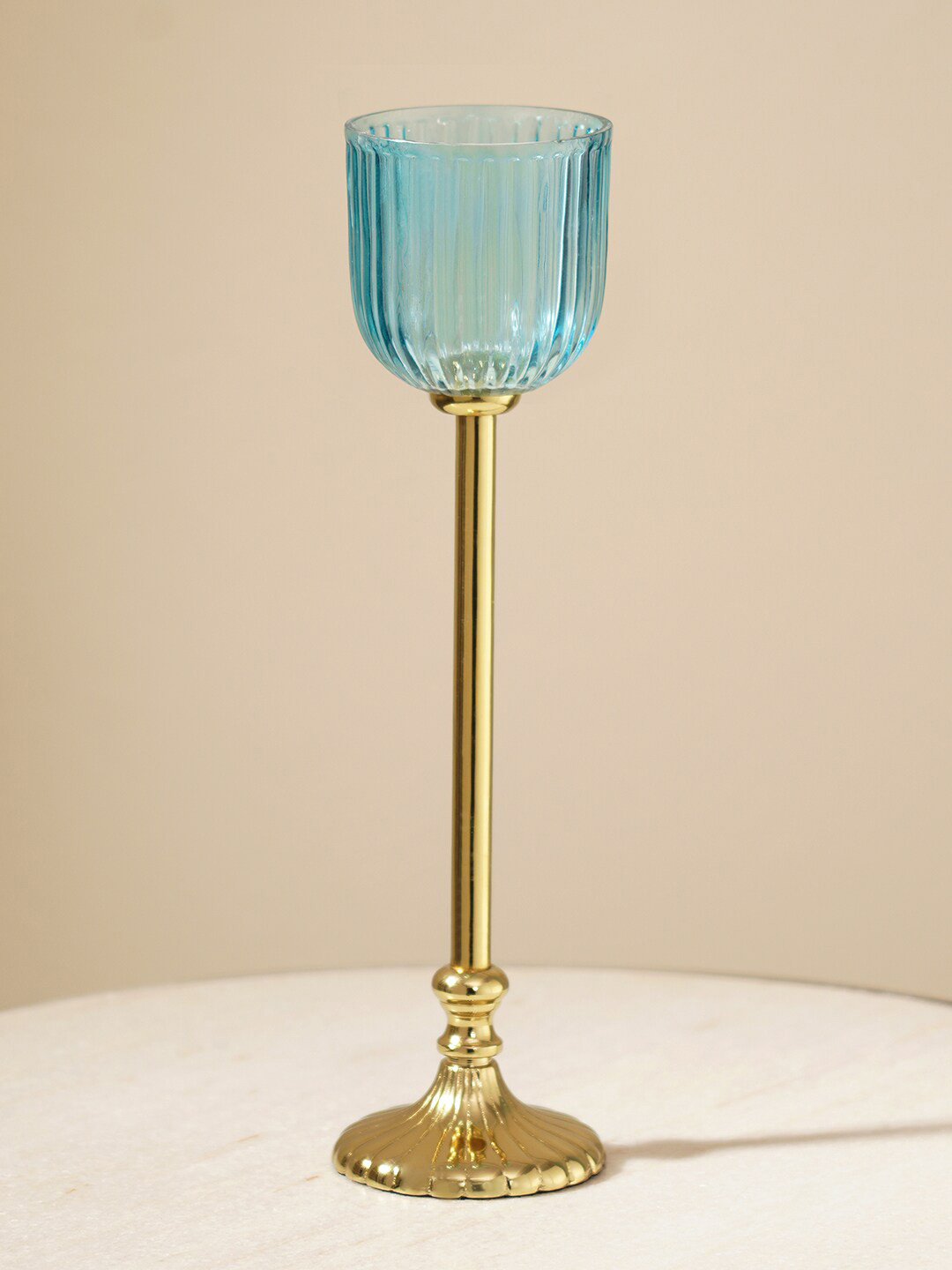 

Pure Home and Living Blue & Gold-Toned Ribbed Clear Glass Tall Hurricane Holder