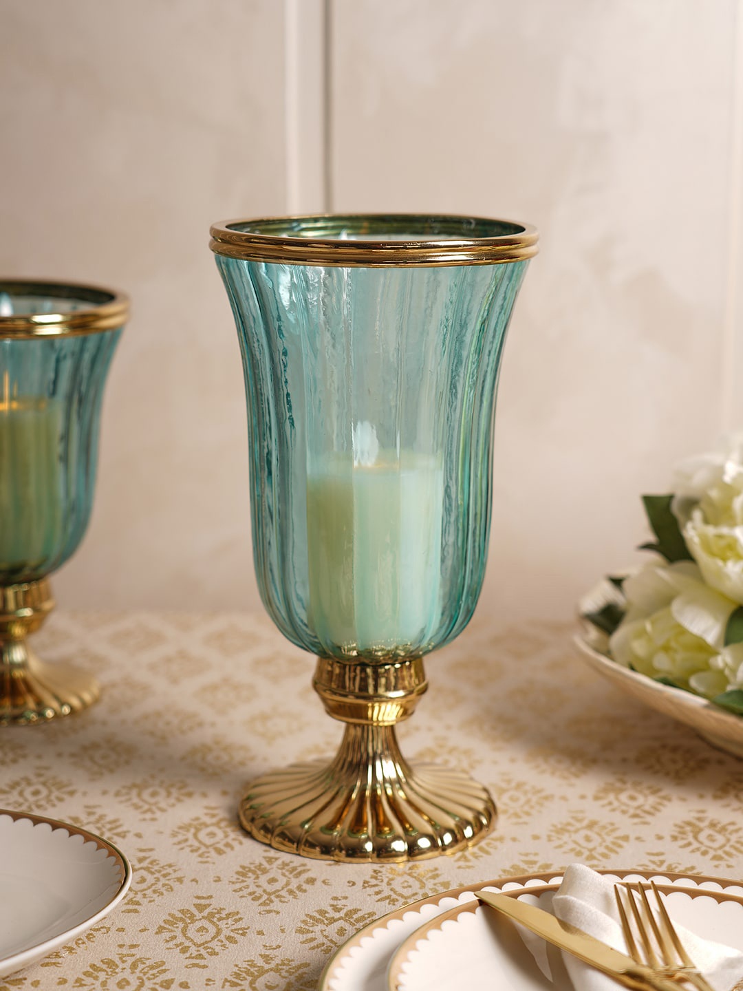 

Pure Home and Living Blue Textured Hurricane With Stand Candle Holder