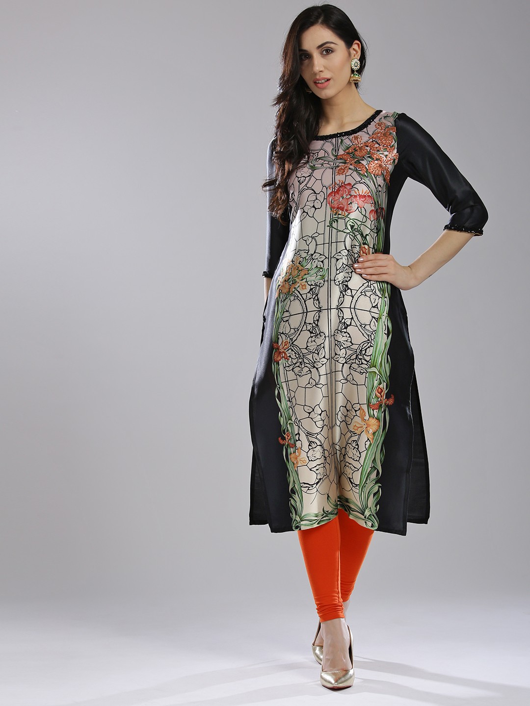 

WISHFUL by W Women Black & Beige Floral Print Straight Kurta