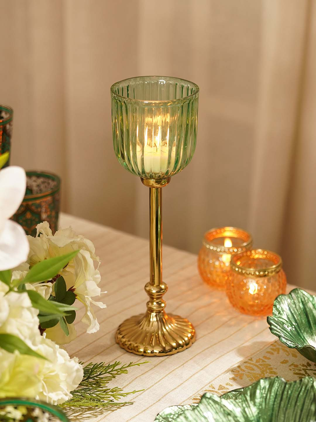 

Pure Home and Living Green & Gold-Toned Ribbed Clear Glass Tall Hurricane Holder