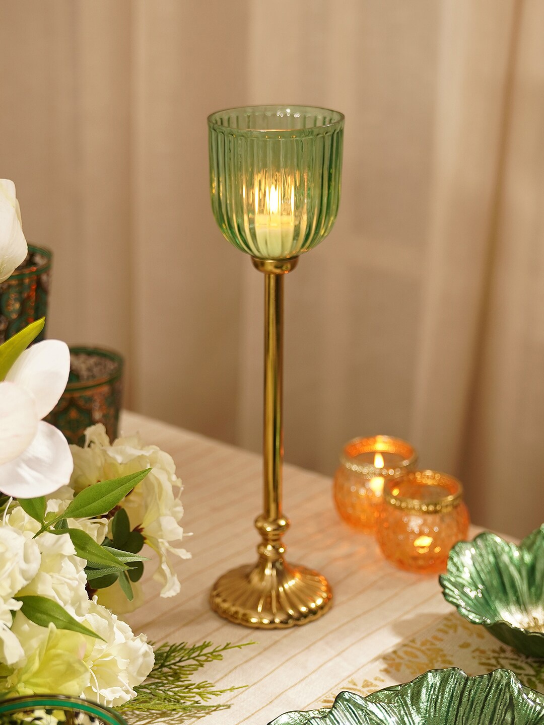 

Pure Home and Living Green & Gold-Toned Ribbed Clear Glass Tall Hurricane Holder