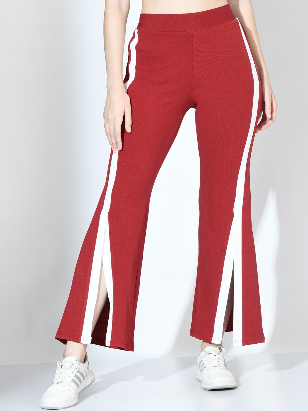 

Moshe Women Striped High-Rise Bootcut Trousers, Maroon