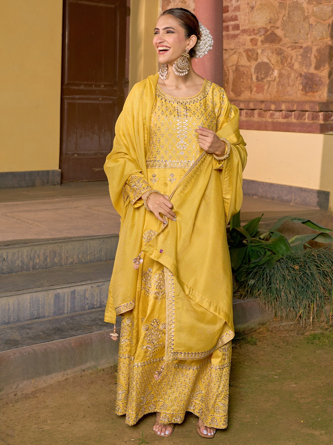 

Libas Art Floral Embroidered Panelled Sequined Pure Silk Kurta With Trousers & Dupatta, Yellow