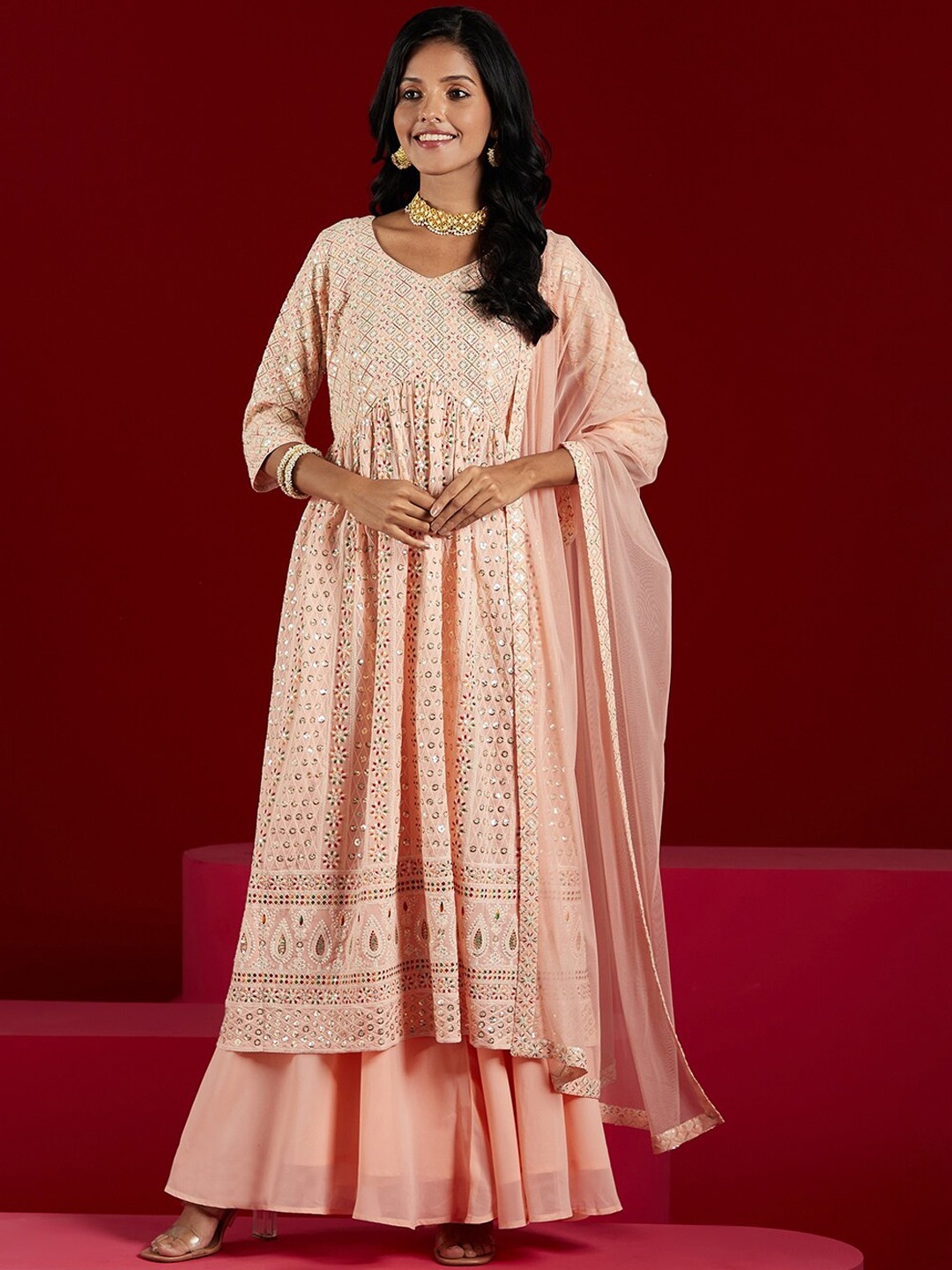 

Libas Art Ethnic Motifs Embroidered Sequinned Georgette Kurta with Palazzos & Dupatta, Peach