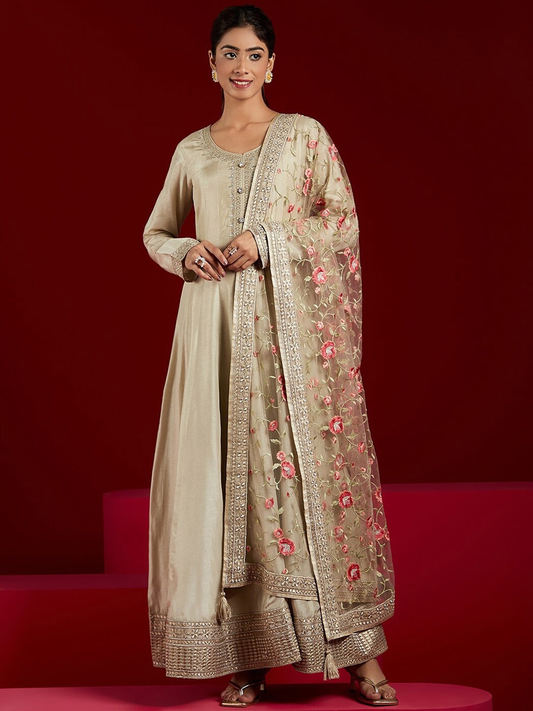 

Libas Art Floral Yoke Design Panelled Thread Work Pure Silk Kurta With Trousers & Dupatta, Gold