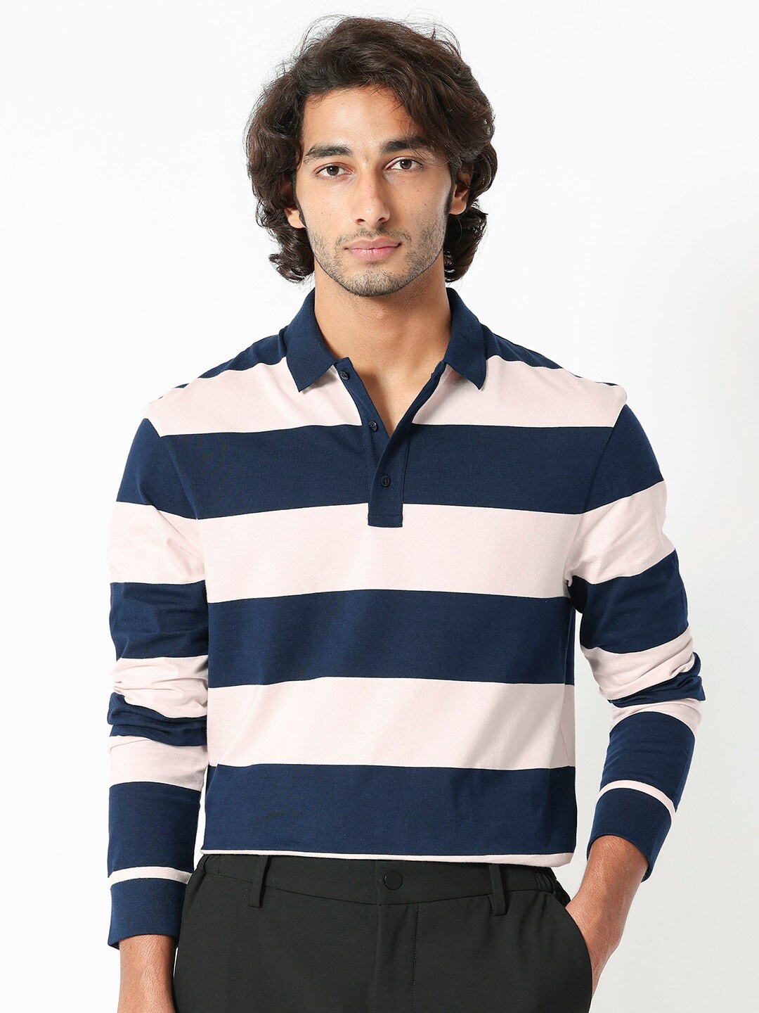 

RARE RABBIT Men Karen Colourblocked Polo Collar Slim Fit Cotton T-Shirt, Navy blue