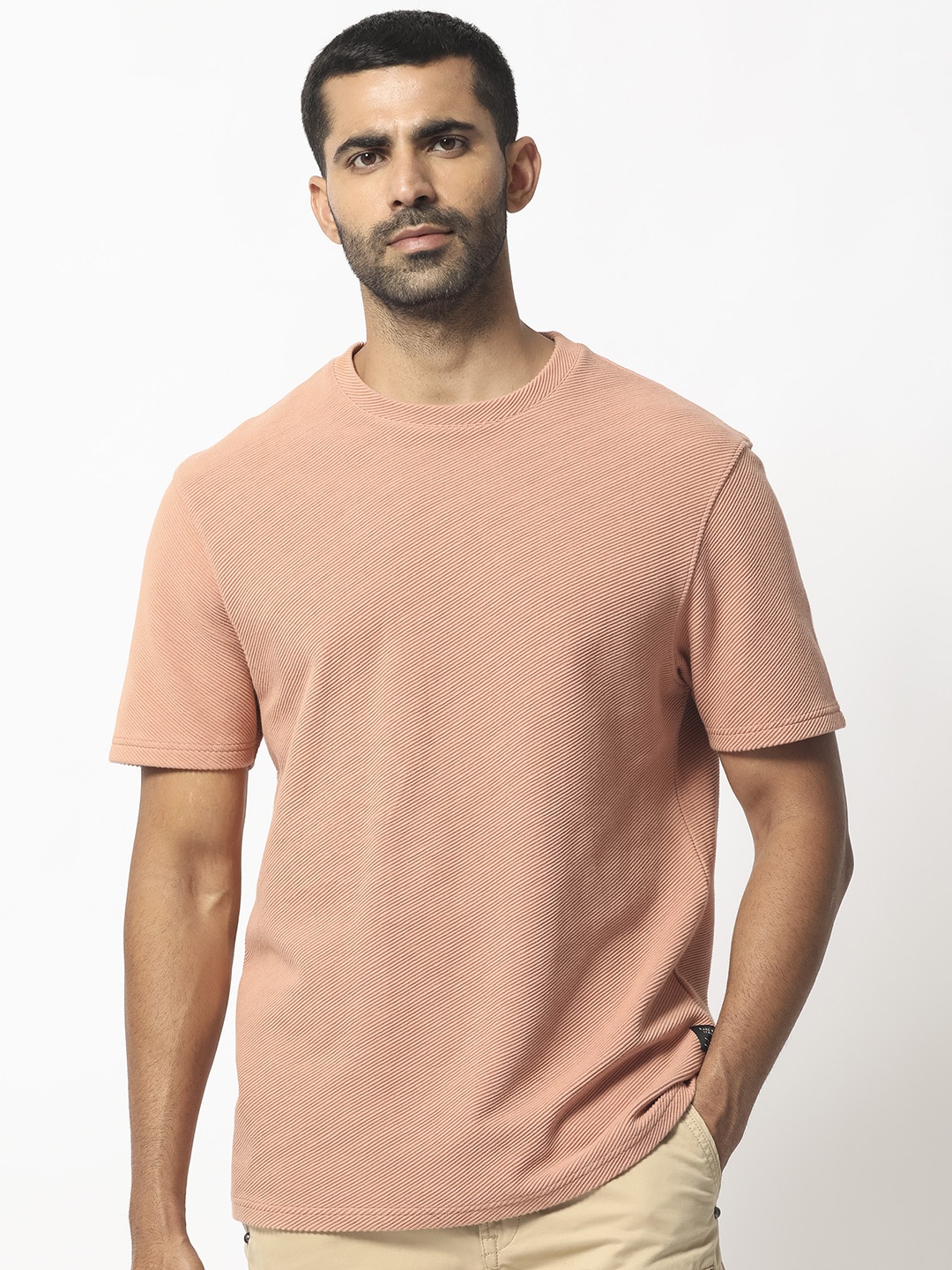 

RARE RABBIT Men Cas Round Neck Slim Fit Cotton T-Shirt, Peach