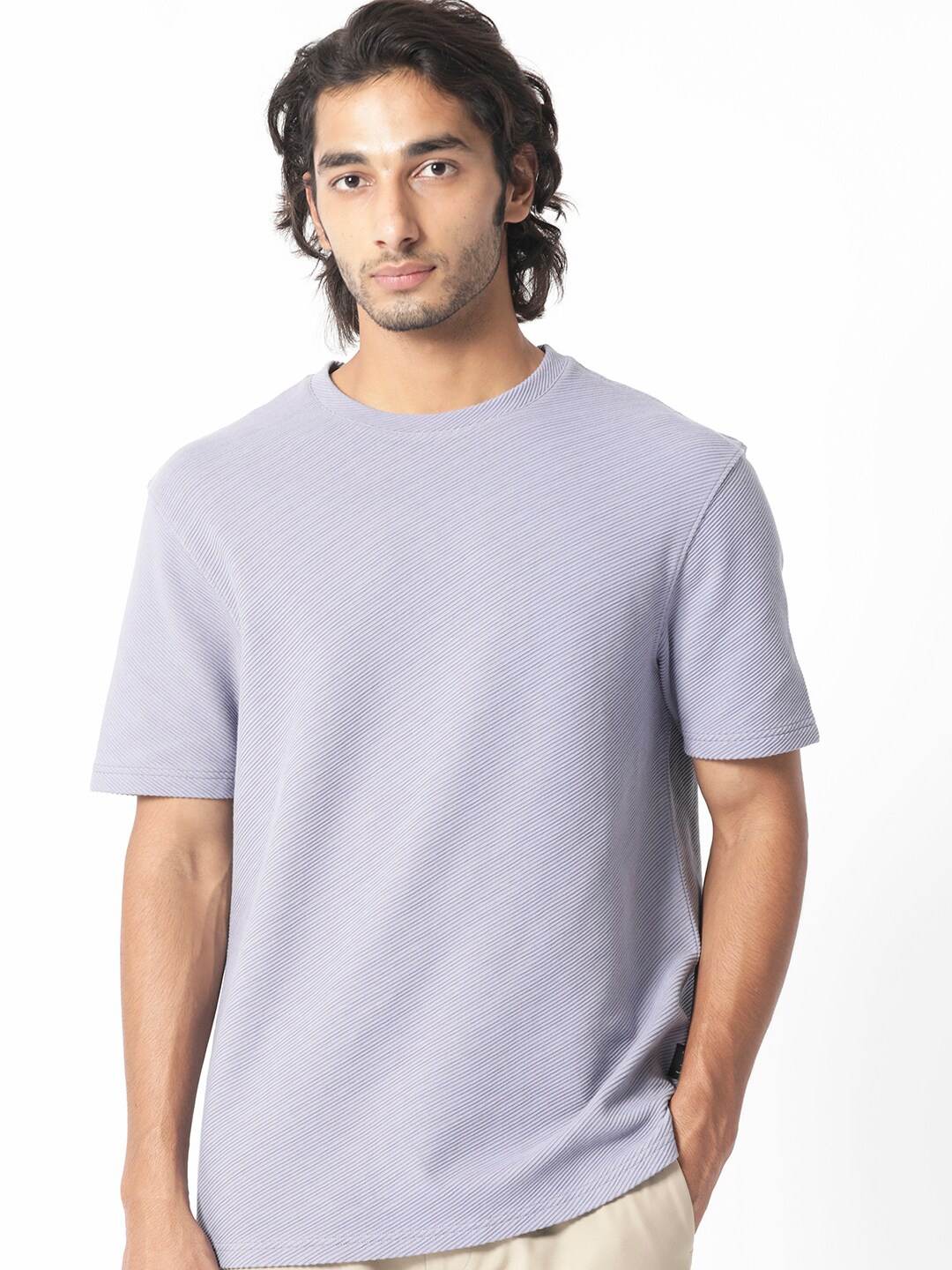 

RARE RABBIT Men Cas Round Neck Slim Fit Cotton T-Shirt, Purple