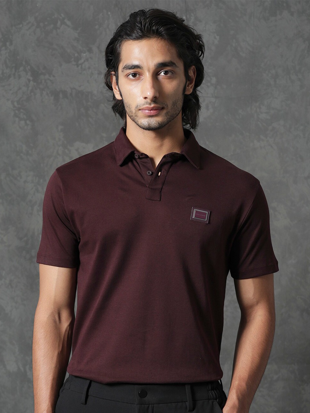 

RARE RABBIT Men Badger-1 Polo Collar Slim Fit Cotton T-Shirt, Maroon