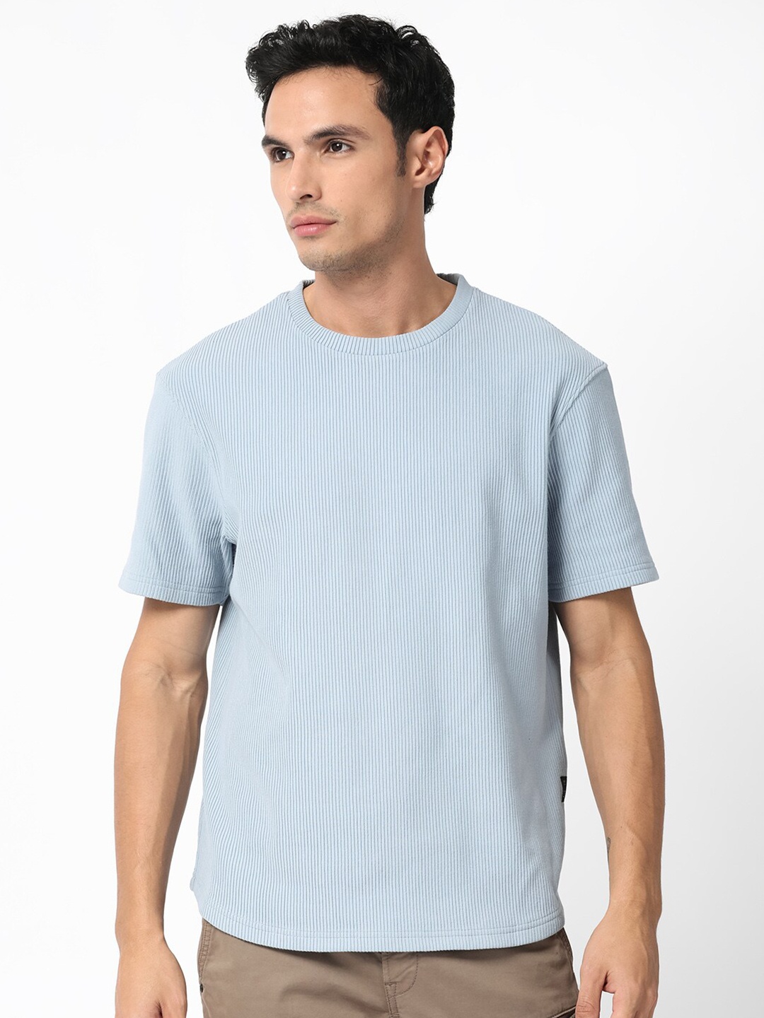 

RARE RABBIT Men Bree Round Neck Slim Fit Cotton T-Shirt, Blue