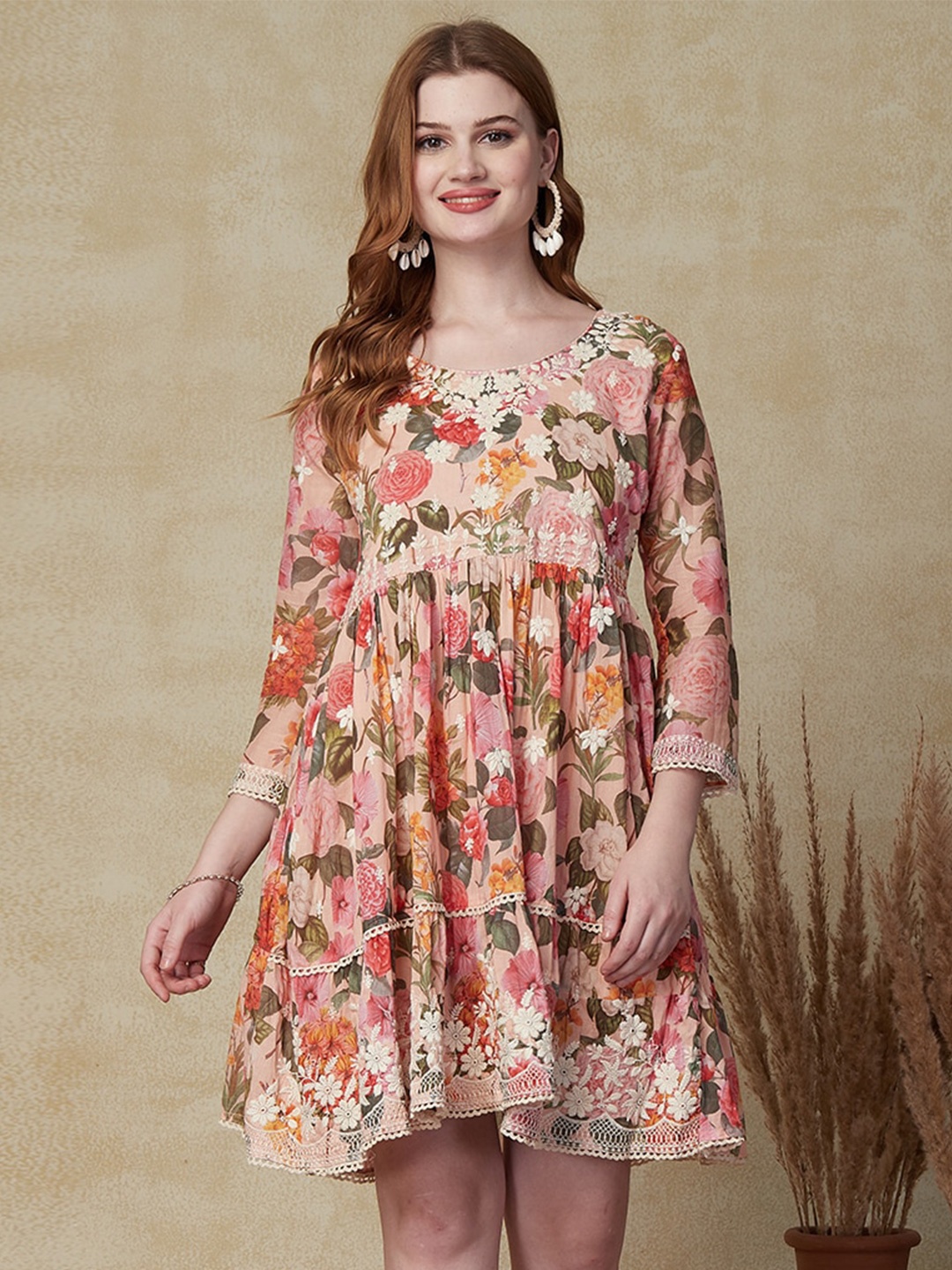 

FASHOR Pink & Green Floral Printed Embroidered A-Line Cotton Dress