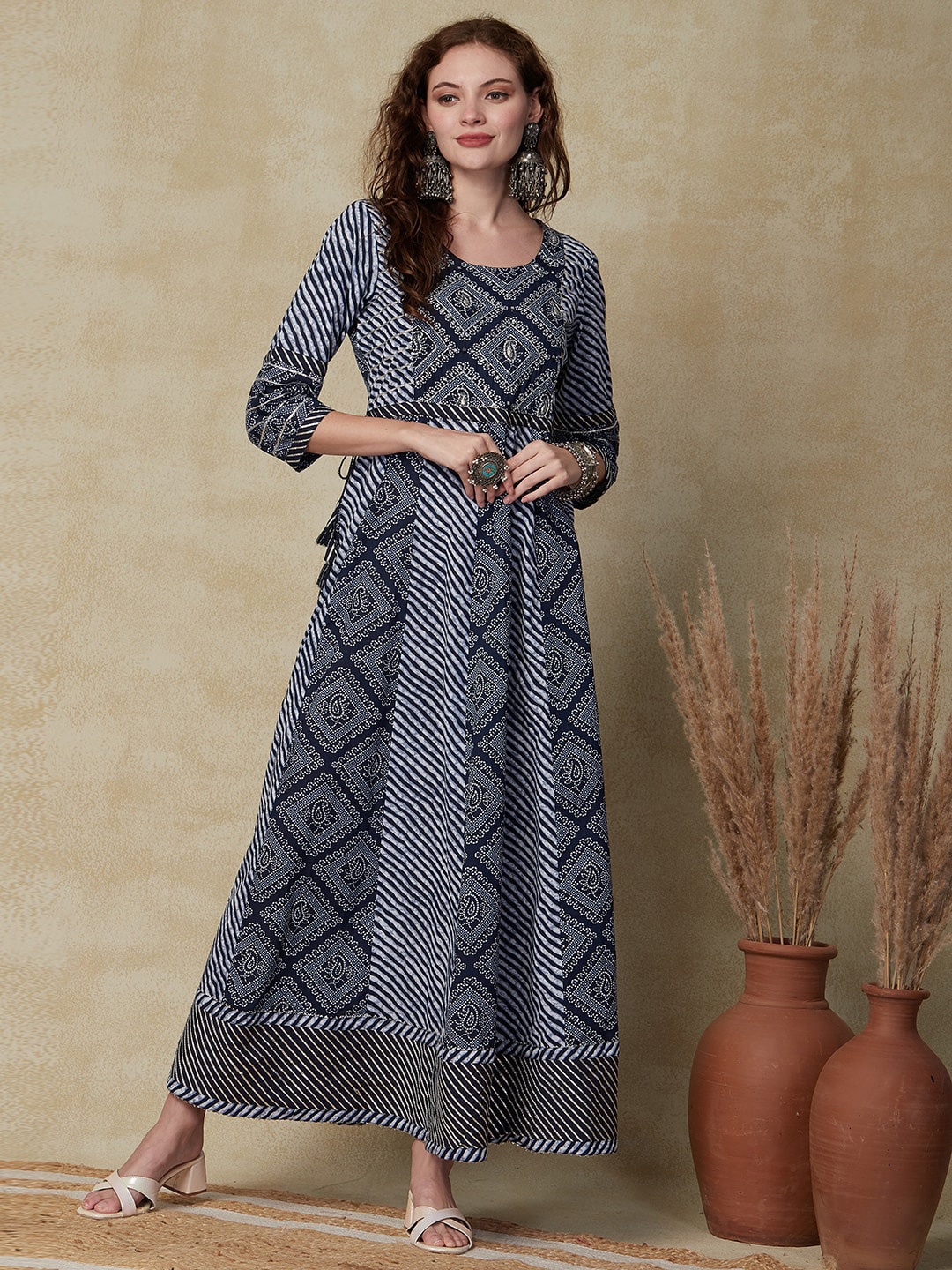 

FASHOR Blue & White Ethnic Motifs Printed Embroidered Maxi Ethnic Dress