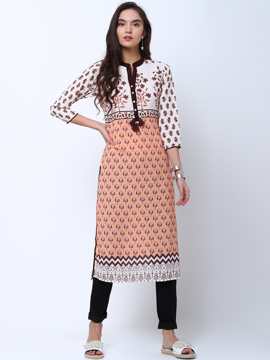 

Vishudh Women Peach-Coloured Printed Straight Kurta