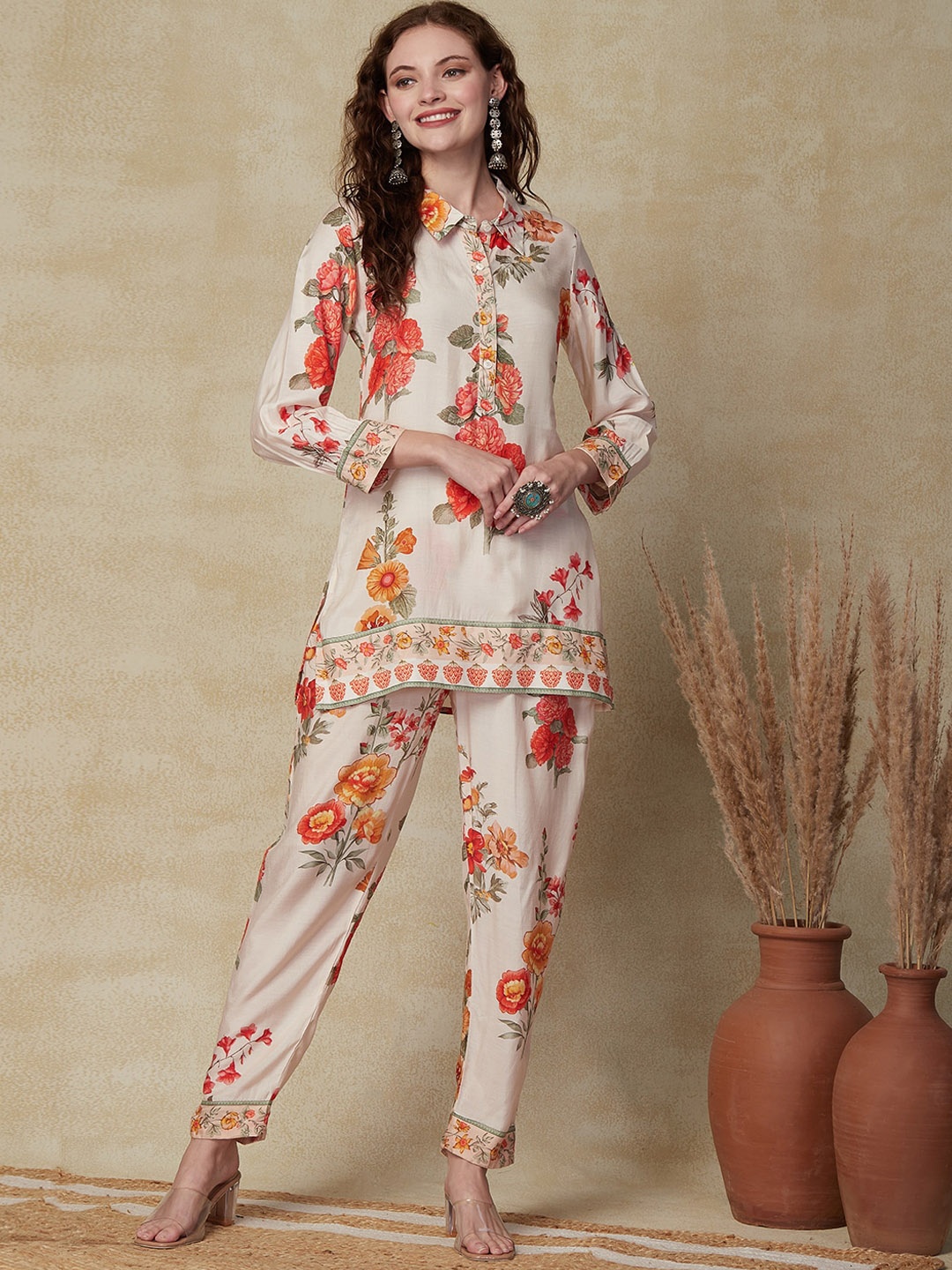 

FASHOR Floral Printed Top With Trousers, Off white