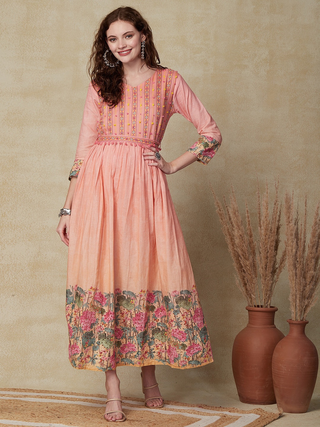 

FASHOR Peach-Coloured Ethnic Motifs Printed Embroidered A-Line Midi Cotton Dress