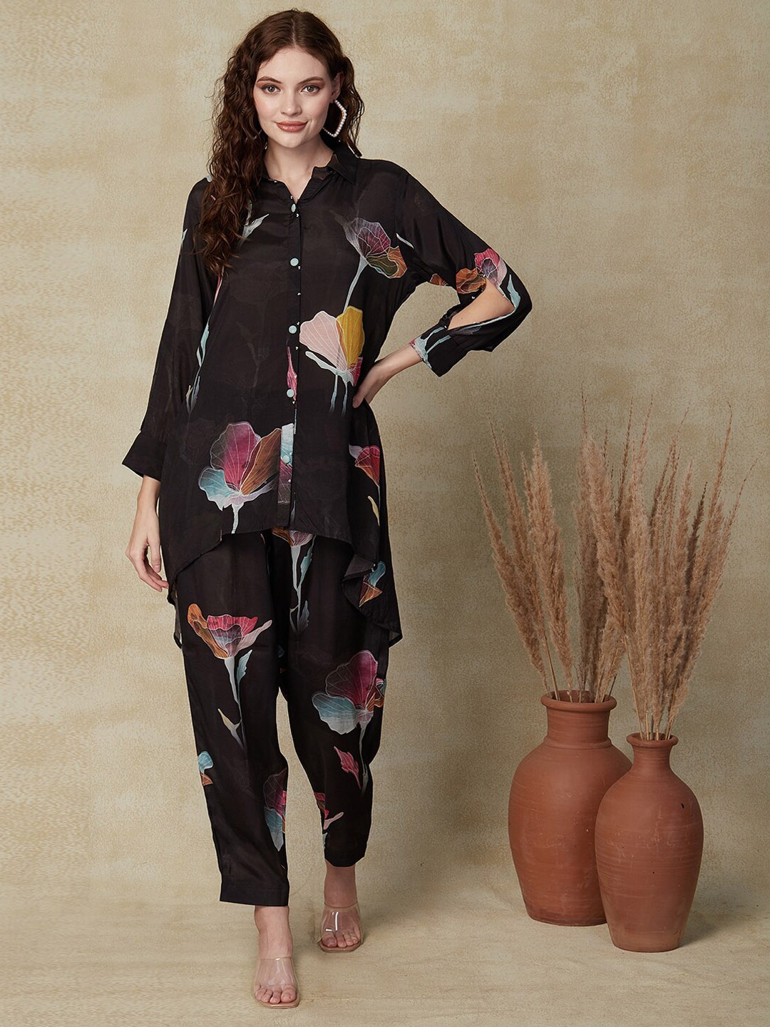 

FASHOR Floral Printed Shirt With Trousers, Black