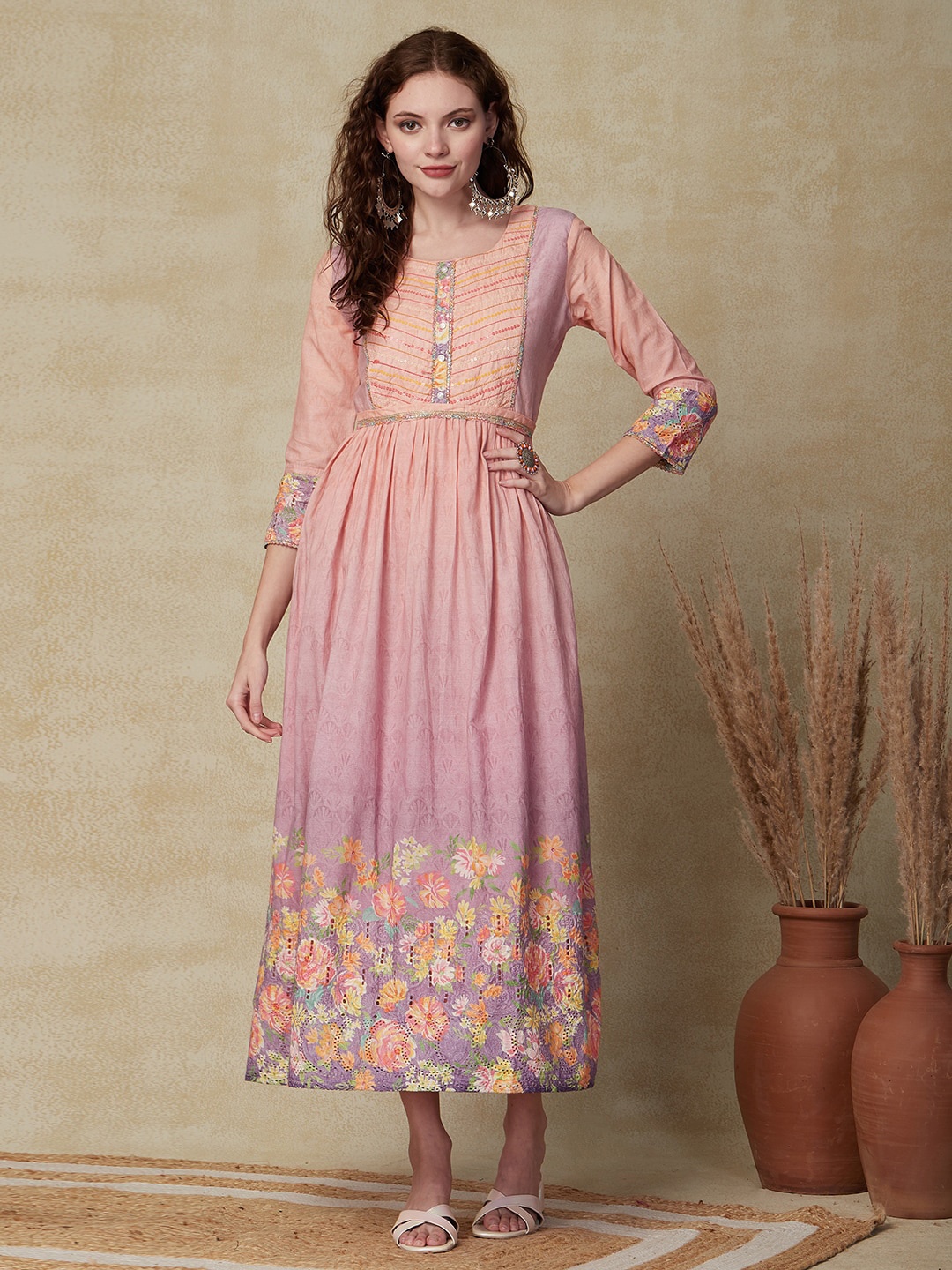 

FASHOR Lavender Ombre & Floral Printed Belted Thread Work A-Line Midi Cotton Ethnic Dress