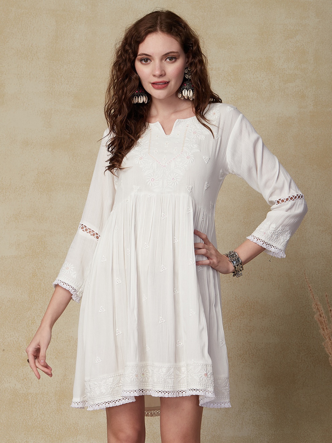 

FASHOR White Floral Embroiderd Bell Sleeves A-Line Cotton Ethnic Dress
