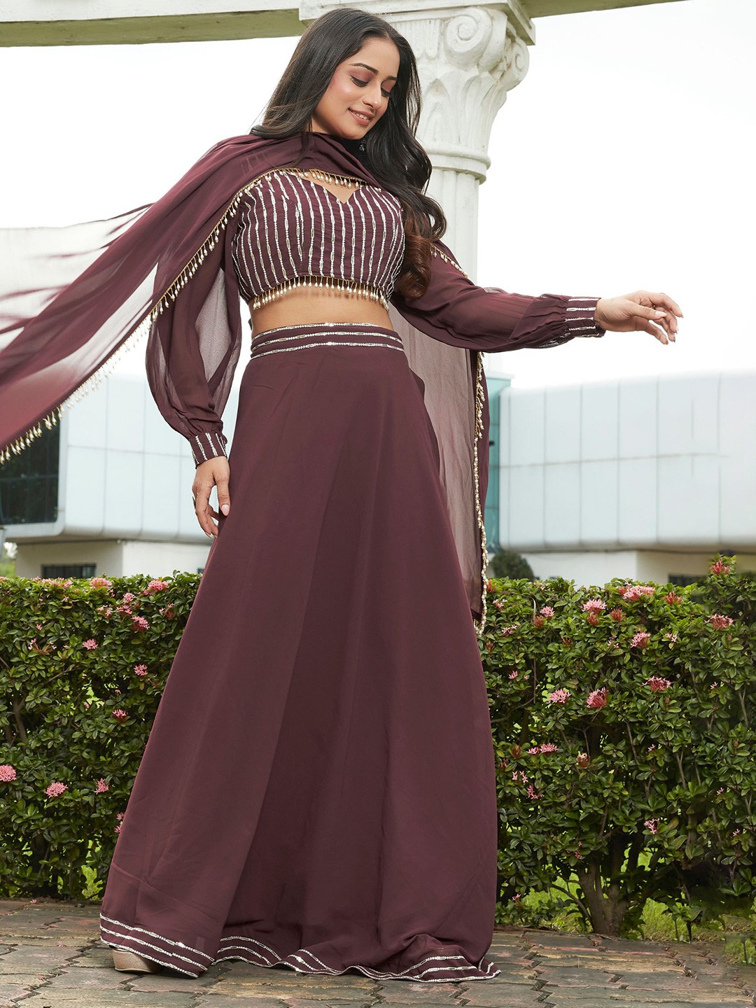 

KALINI Embroidered Thread Work Ready to Wear Lehenga & Blouse With Dupatta, Brown