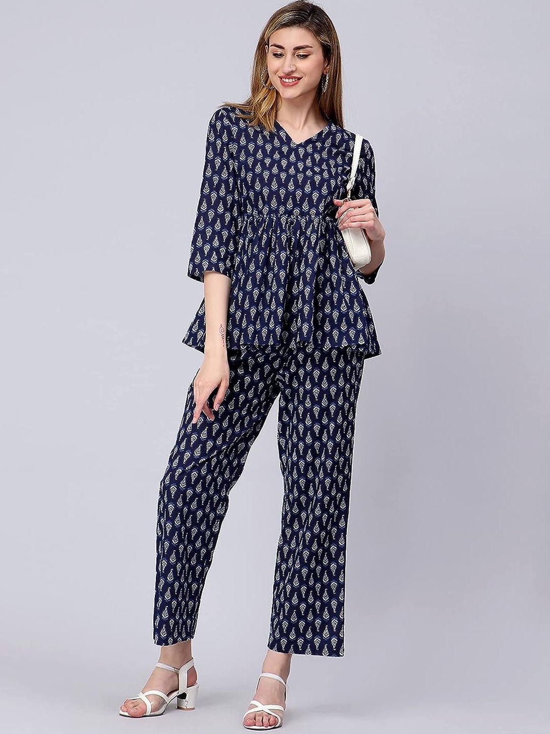 

KALINI Printed Ethnic Motifs Printed V-Neck Pleated A-Line Kurta & Trousers, Navy blue