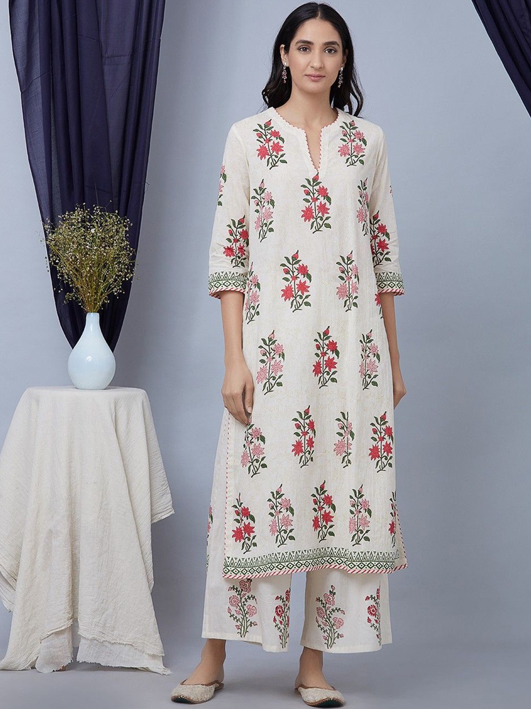 

KALINI Floral Printed Regular Kurta with Palazzos, White