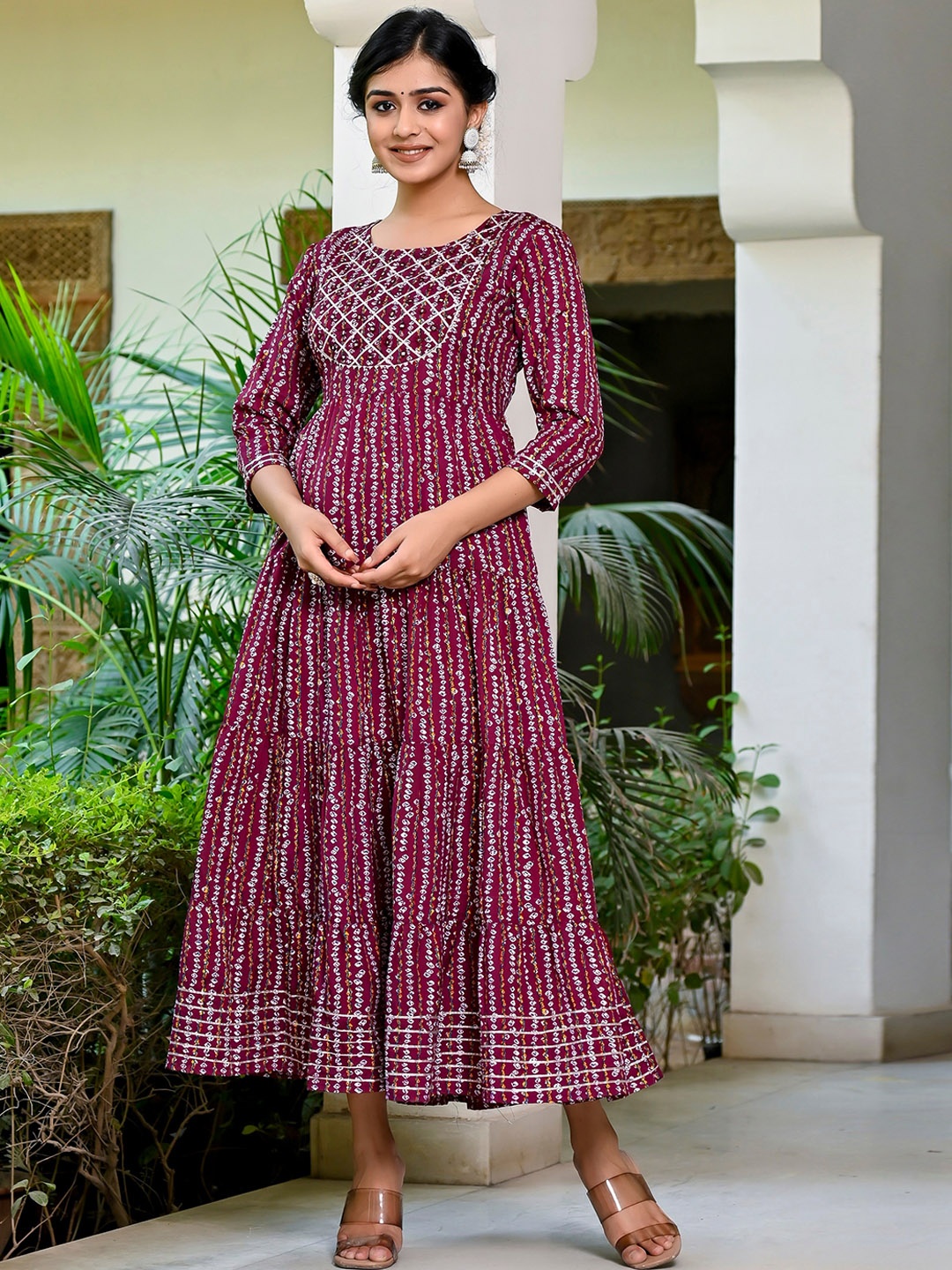 

MissKurti Printed Gotta Patti And Mirror Work Fit & Flare Maxi Ethnic Dress, Purple