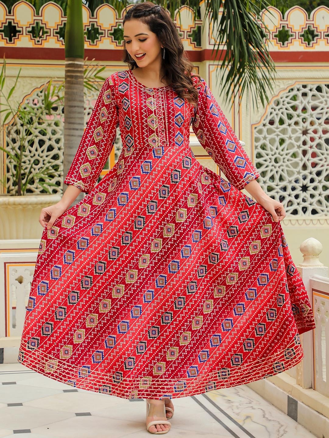 

MissKurti Bandhani Printed Gotta Patti A-Line Maxi Ethnic Dress, Red