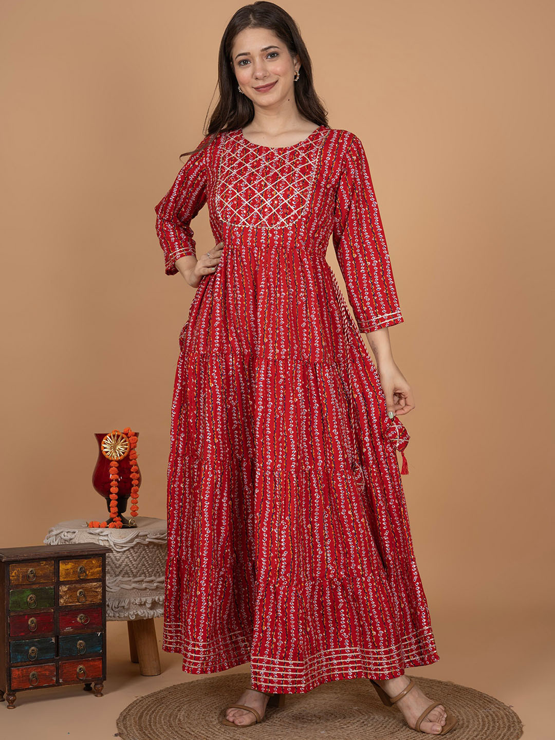 

MissKurti Bandhani Printed Gotta Patti A-Line Maxi Ethnic Dress, Red
