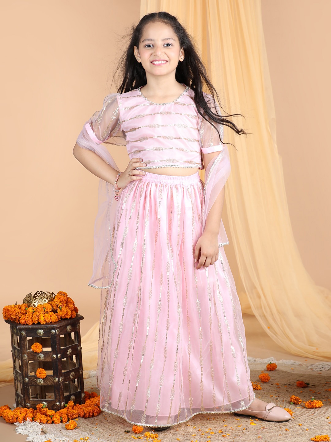 

Cutiekins Girls Embroidered Ready To Wear Lehenga & Blouse With Dupatta, Pink