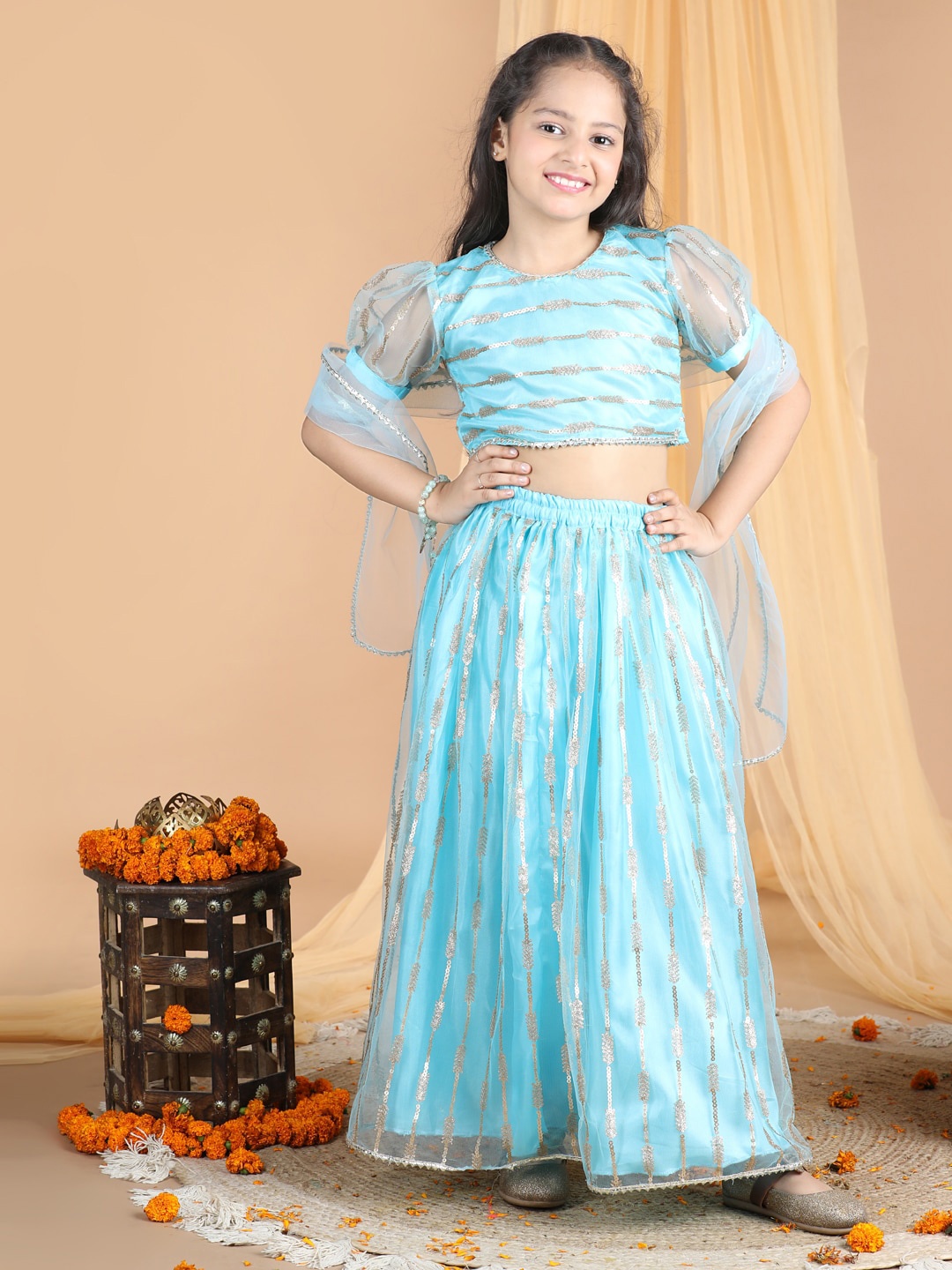 

Cutiekins Girls Embroidered Ready To Wear Lehenga & Blouse With Dupatta, Turquoise blue