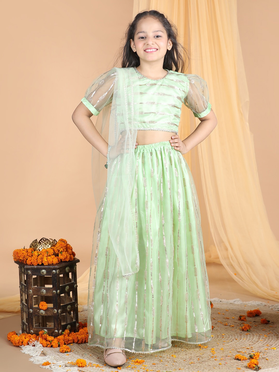 

Cutiekins Girls Embroidered Ready To Wear Lehenga & Blouse With Dupatta, Lime green