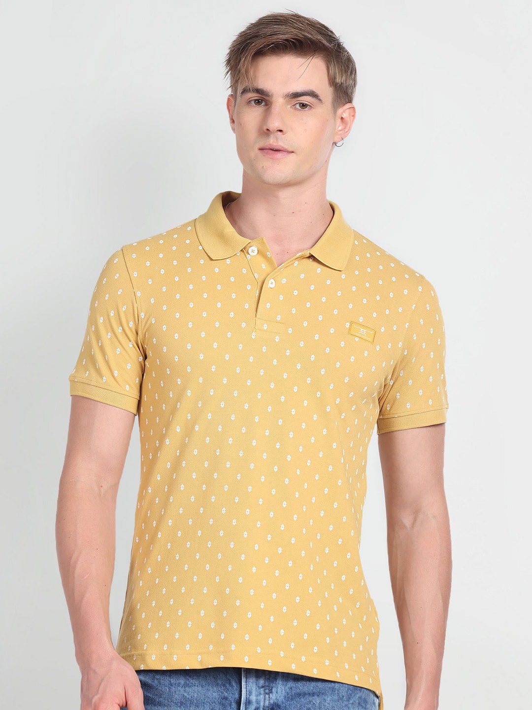 

Flying Machine Regular Fit Geometric Printed Polo Collar Cotton T-Shirt, Yellow