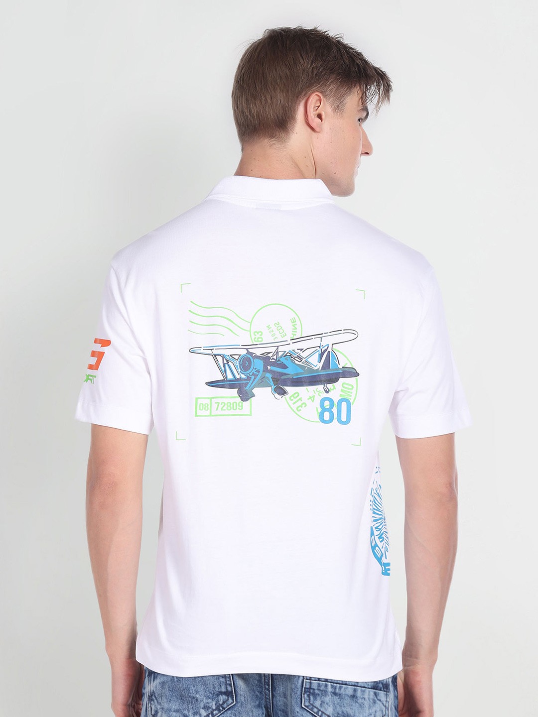 

Flying Machine Regular Fit Graphic Printed Polo Collar Short Sleeve Cotton T-Shirt, White