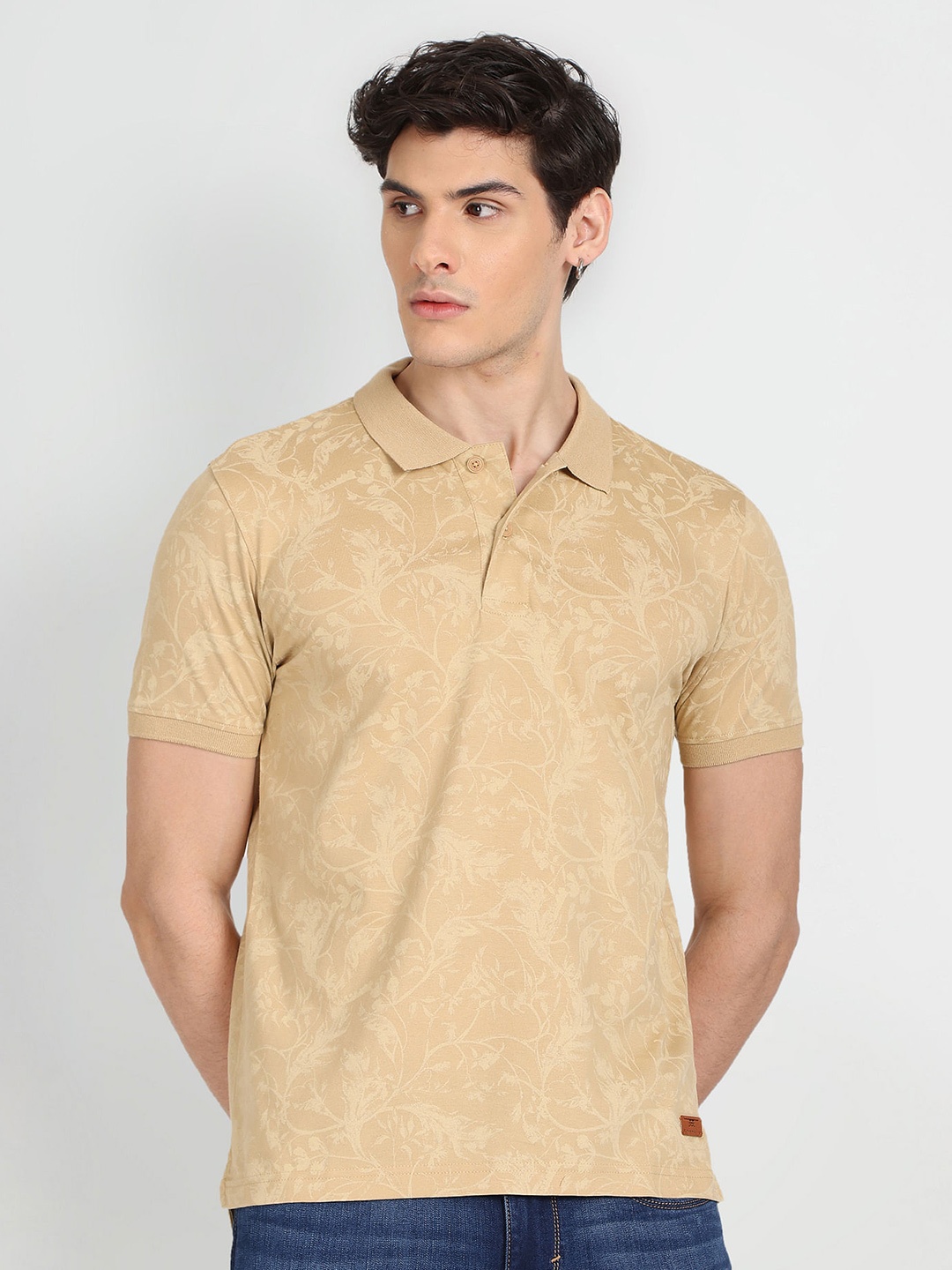 

Flying Machine Regular Fit Floral Printed Polo Collar T-Shirt, Beige