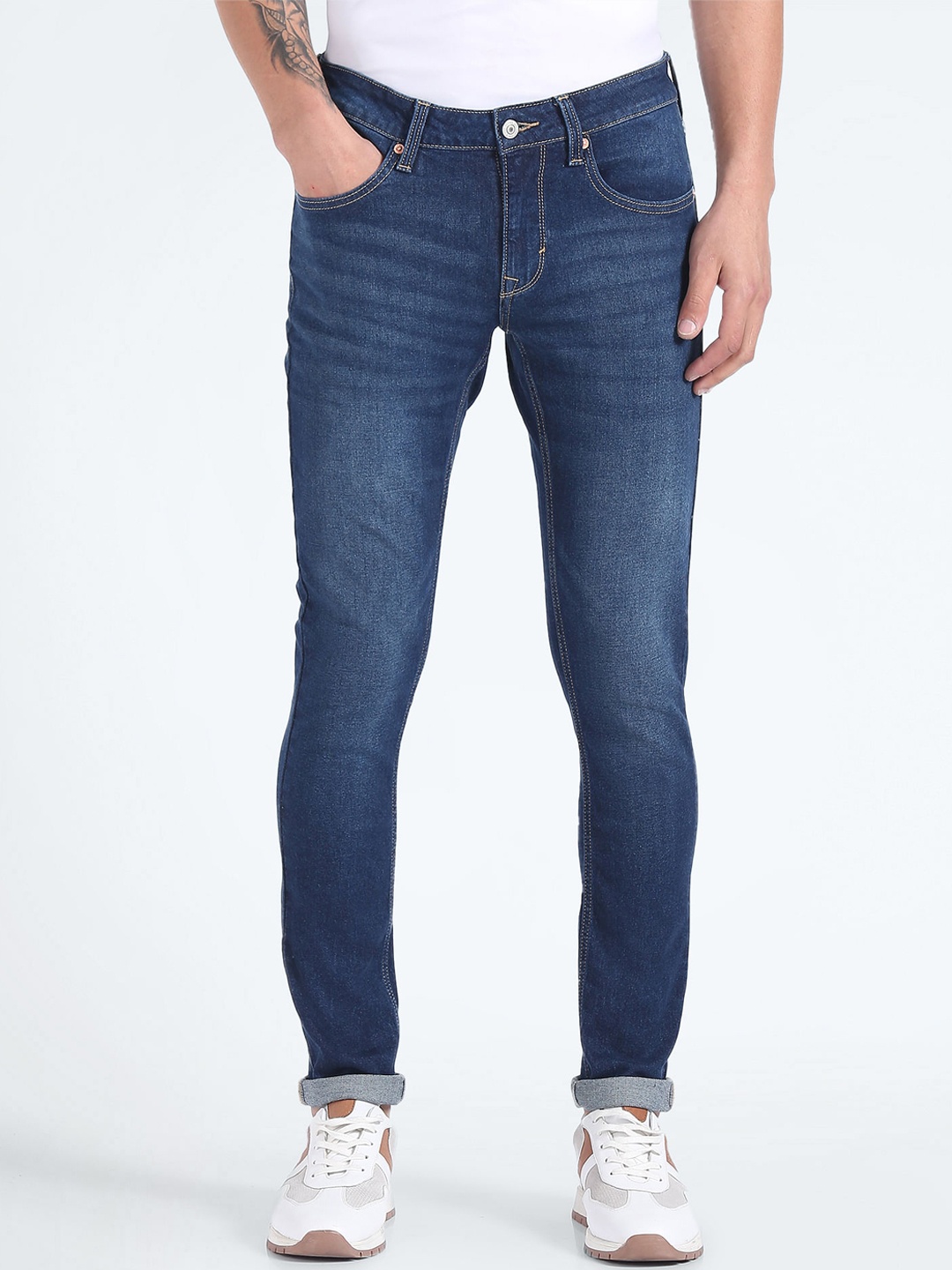 

Flying Machine Men Super Skinny Fit Low-Rise Heavy Fade Stretchable Jeans, Blue