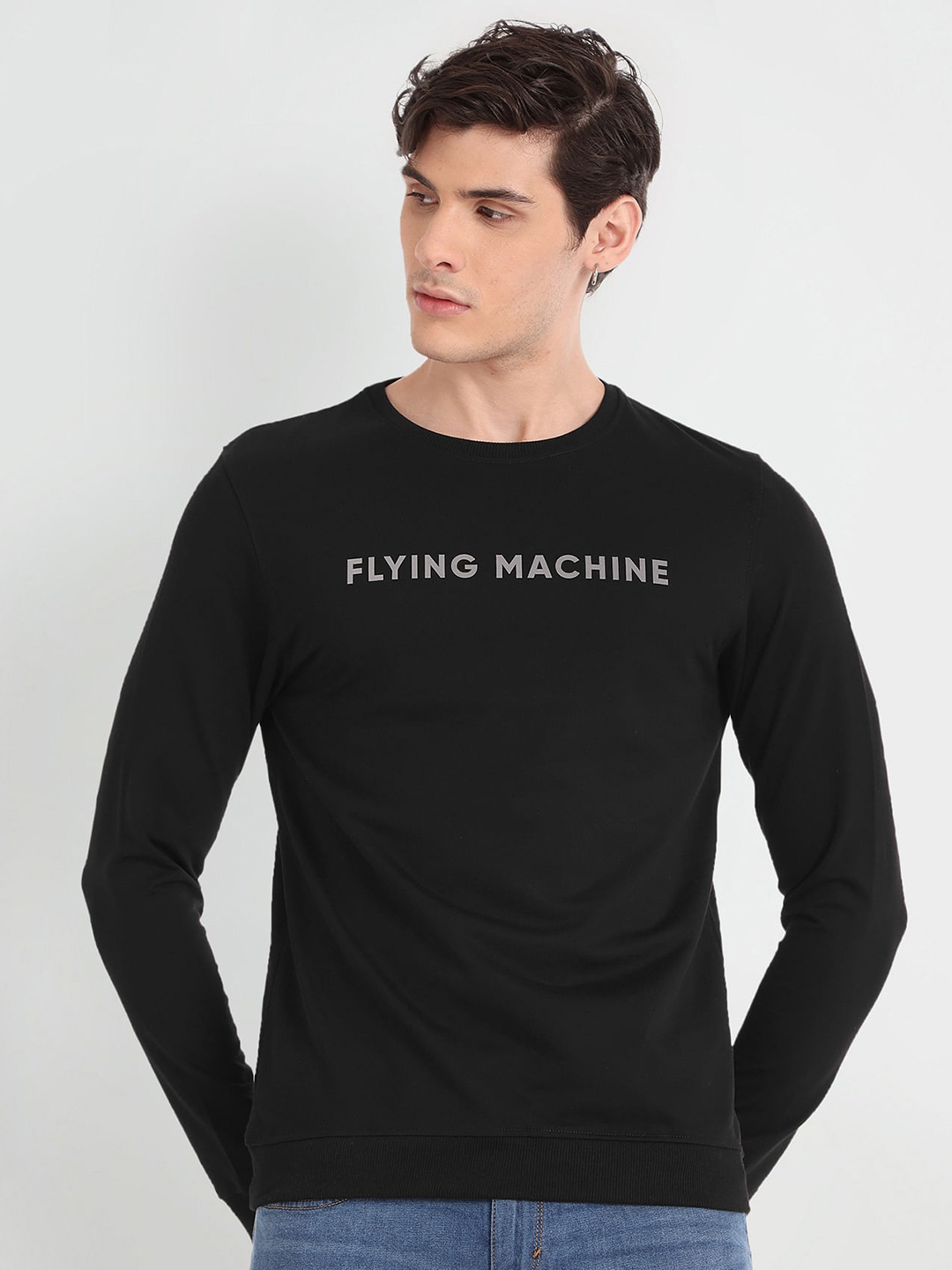 

Flying Machine Typography Printed Cotton Sweatshirt, Black