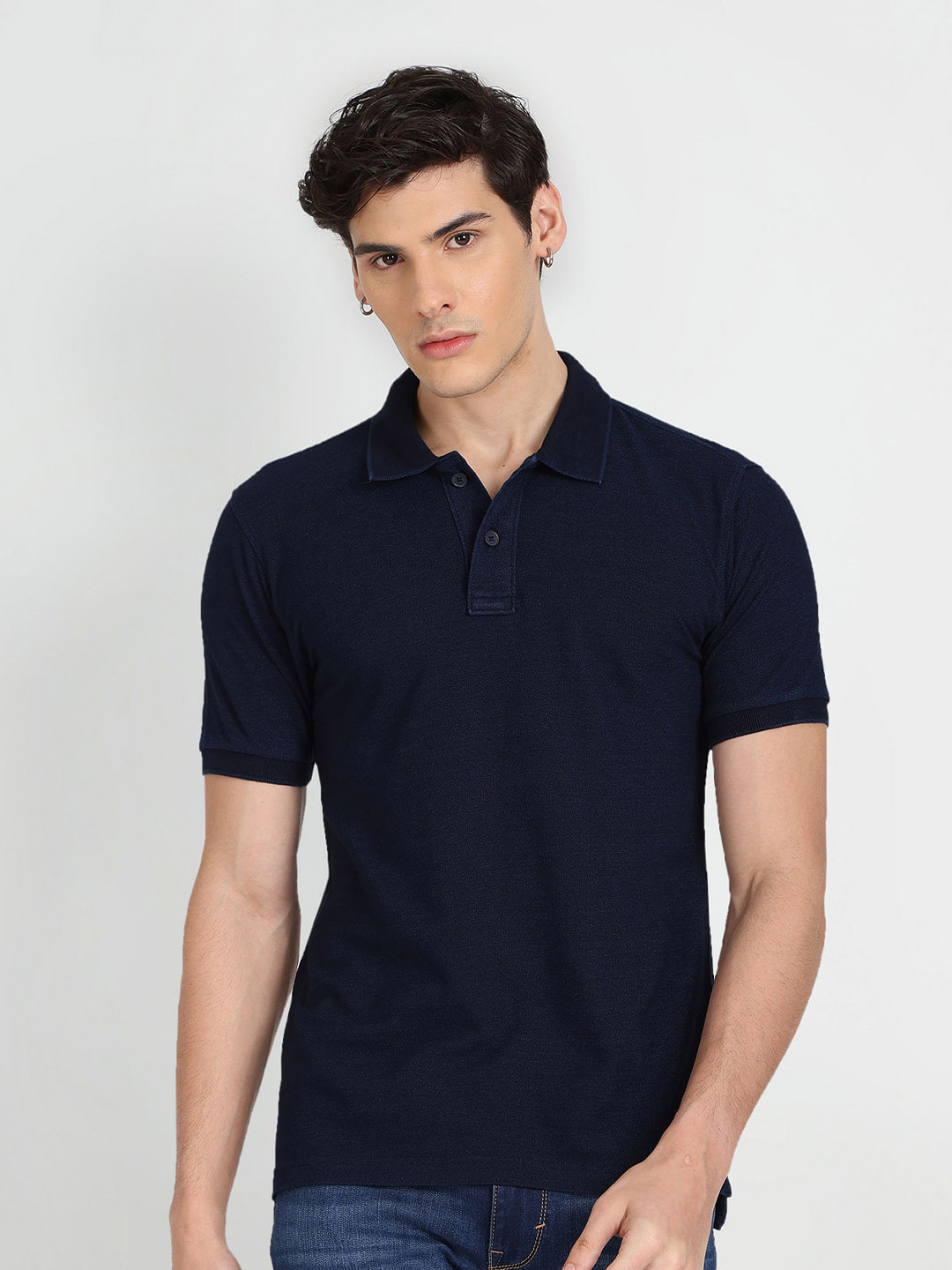 

Flying Machine Regular Fit Polo Collar Short Sleeve Cotton T-Shirt, Navy blue