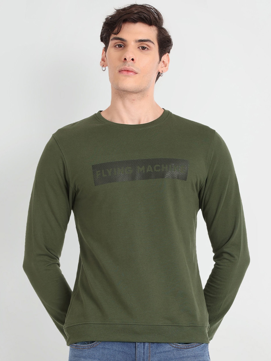 

Flying Machine Typography Printed Cotton Sweatshirt, Green